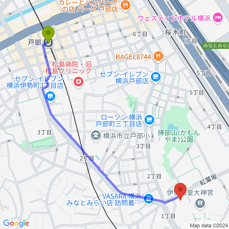 戸部駅から横浜市教育会館へのルートマップ地図