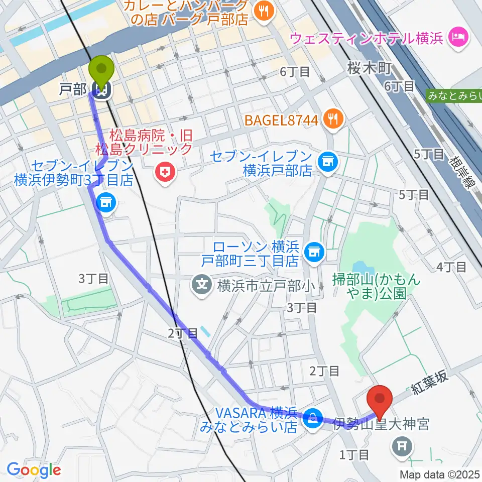 戸部駅から横浜市教育会館へのルートマップ地図