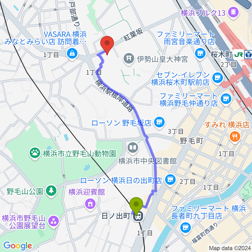 日ノ出町駅から横浜市教育会館へのルートマップ地図