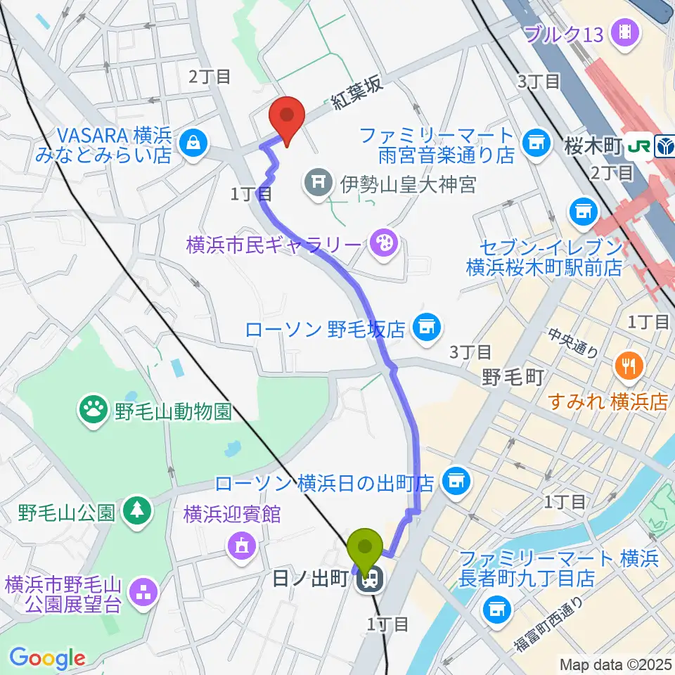 日ノ出町駅から横浜市教育会館へのルートマップ地図