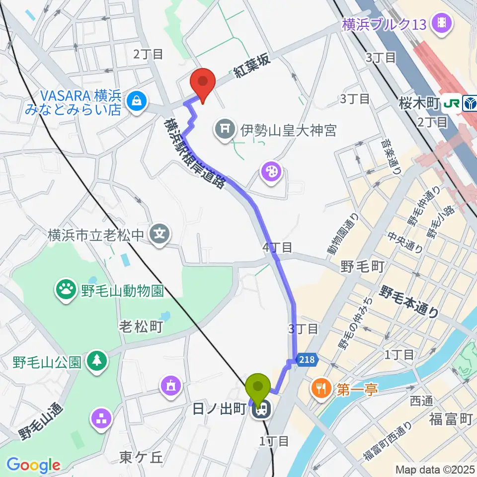 日ノ出町駅から横浜市教育会館へのルートマップ地図