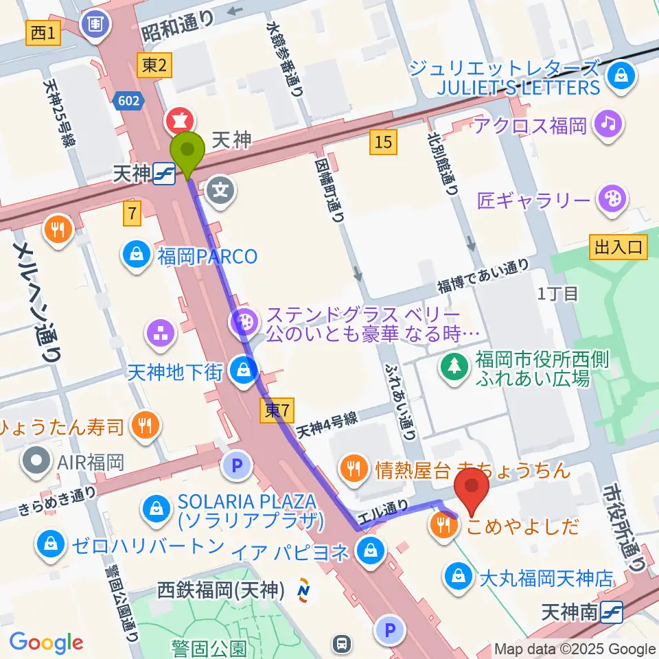 天神駅からTKPエルガーラホールへのルートマップ地図