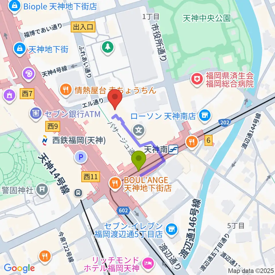 TKPエルガーラホールの最寄駅天神南駅からの徒歩ルート（約2分）地図