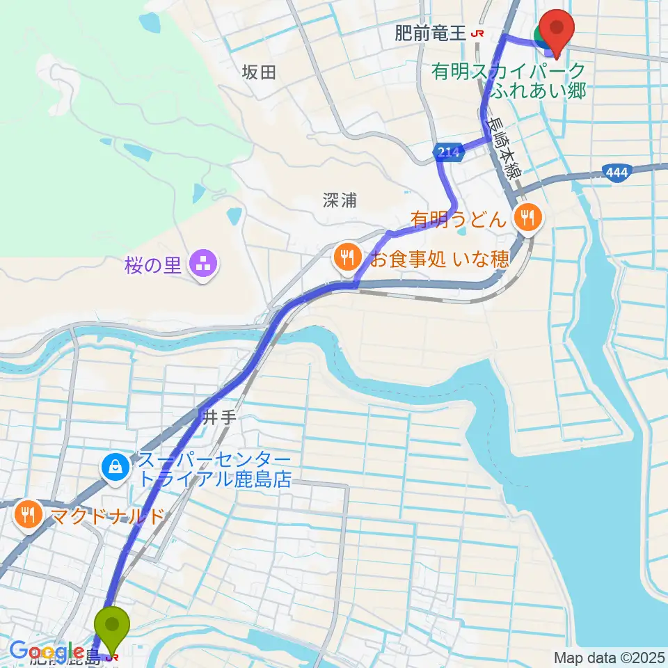 肥前鹿島駅から有明スカイパーク ふれあい郷へのルートマップ地図