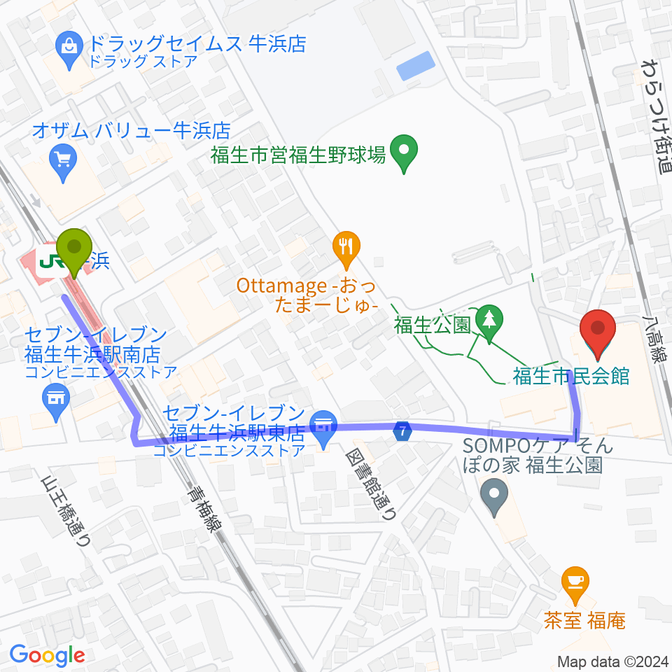 福生市民会館の最寄駅牛浜駅からの徒歩ルート（約6分）地図