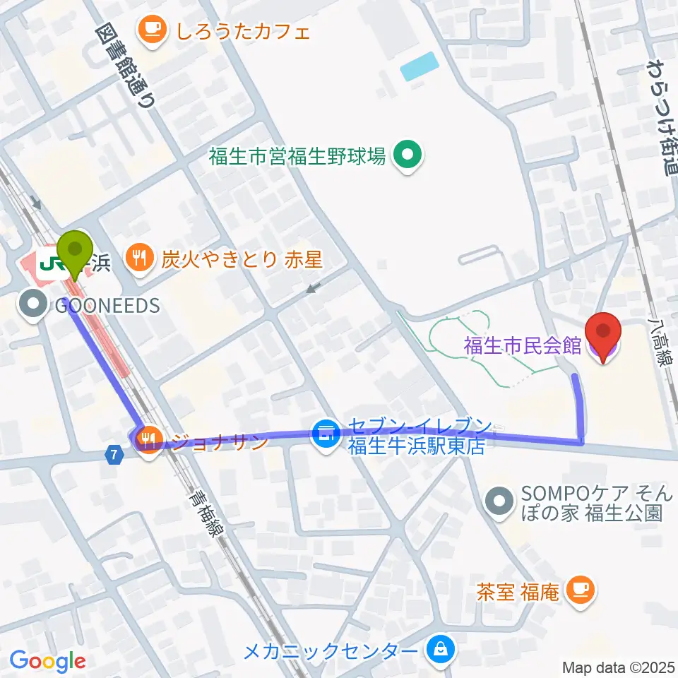 福生市民会館の最寄駅牛浜駅からの徒歩ルート（約6分）地図