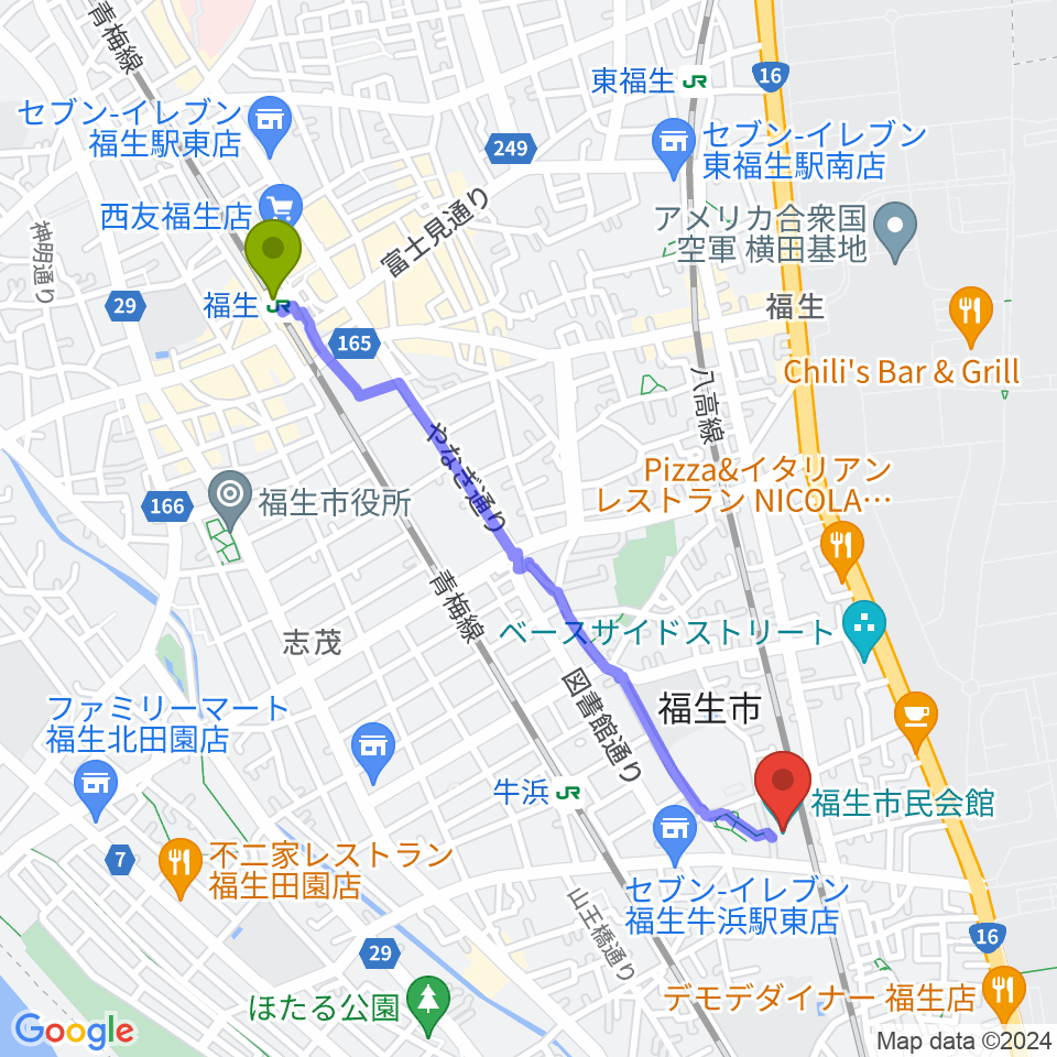 福生駅から福生市民会館へのルートマップ地図