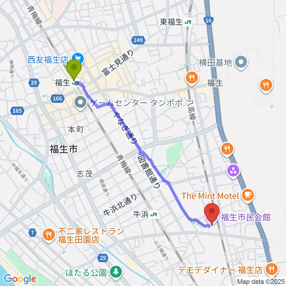 福生駅から福生市民会館へのルートマップ地図