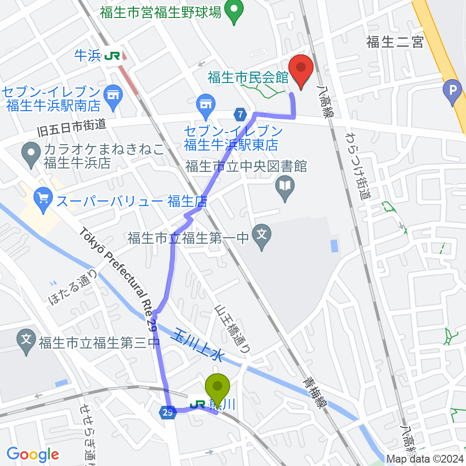 熊川駅から福生市民会館へのルートマップ地図