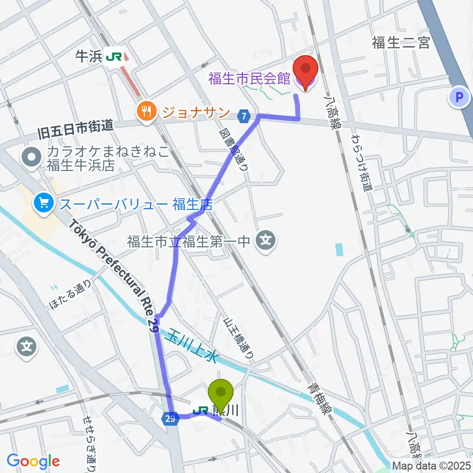 熊川駅から福生市民会館へのルートマップ地図