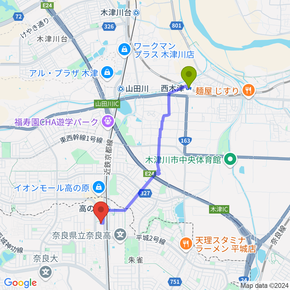 西木津駅から奈良市北部会館 市民文化ホールへのルートマップ地図