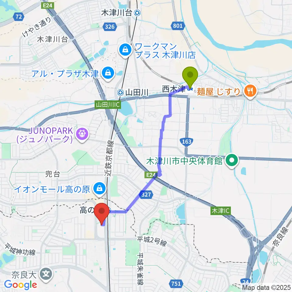 西木津駅から奈良市北部会館 市民文化ホールへのルートマップ地図