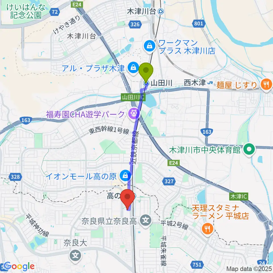 山田川駅から奈良市北部会館 市民文化ホールへのルートマップ地図