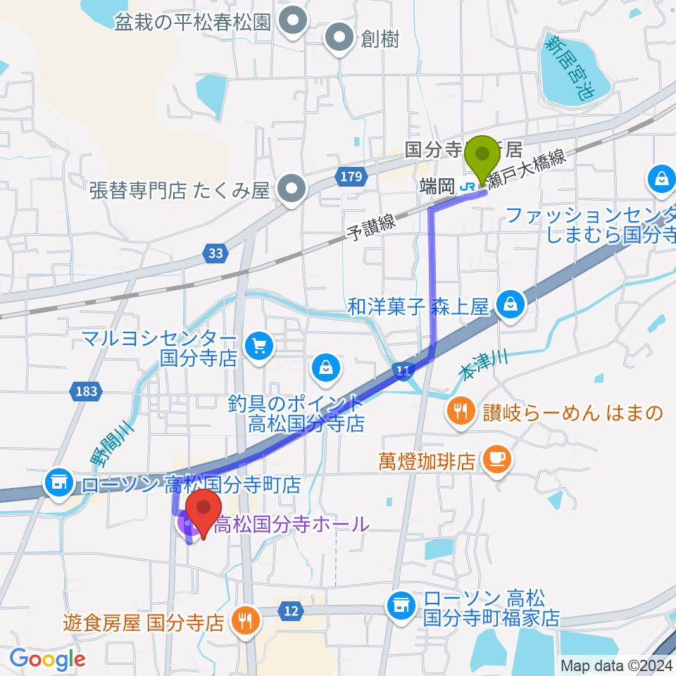 高松国分寺ホールの最寄駅端岡駅からの徒歩ルート（約21分）地図