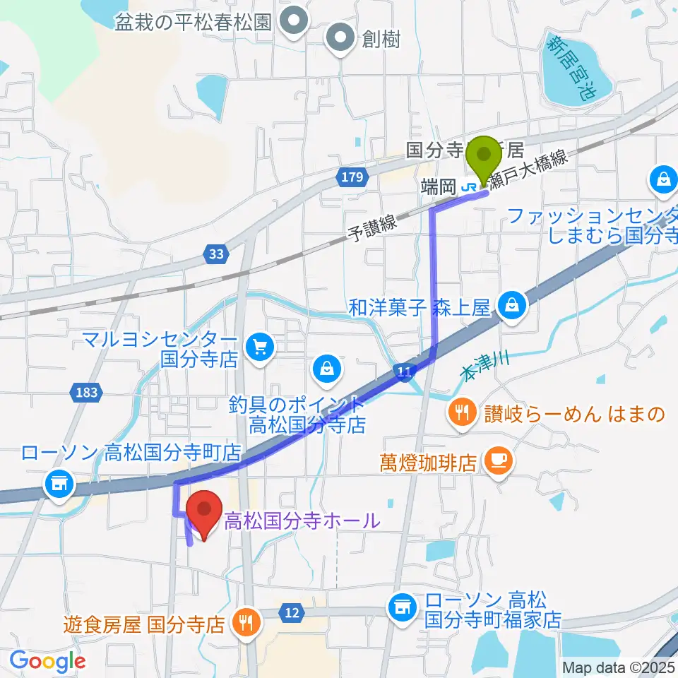 高松国分寺ホールの最寄駅端岡駅からの徒歩ルート（約21分）地図