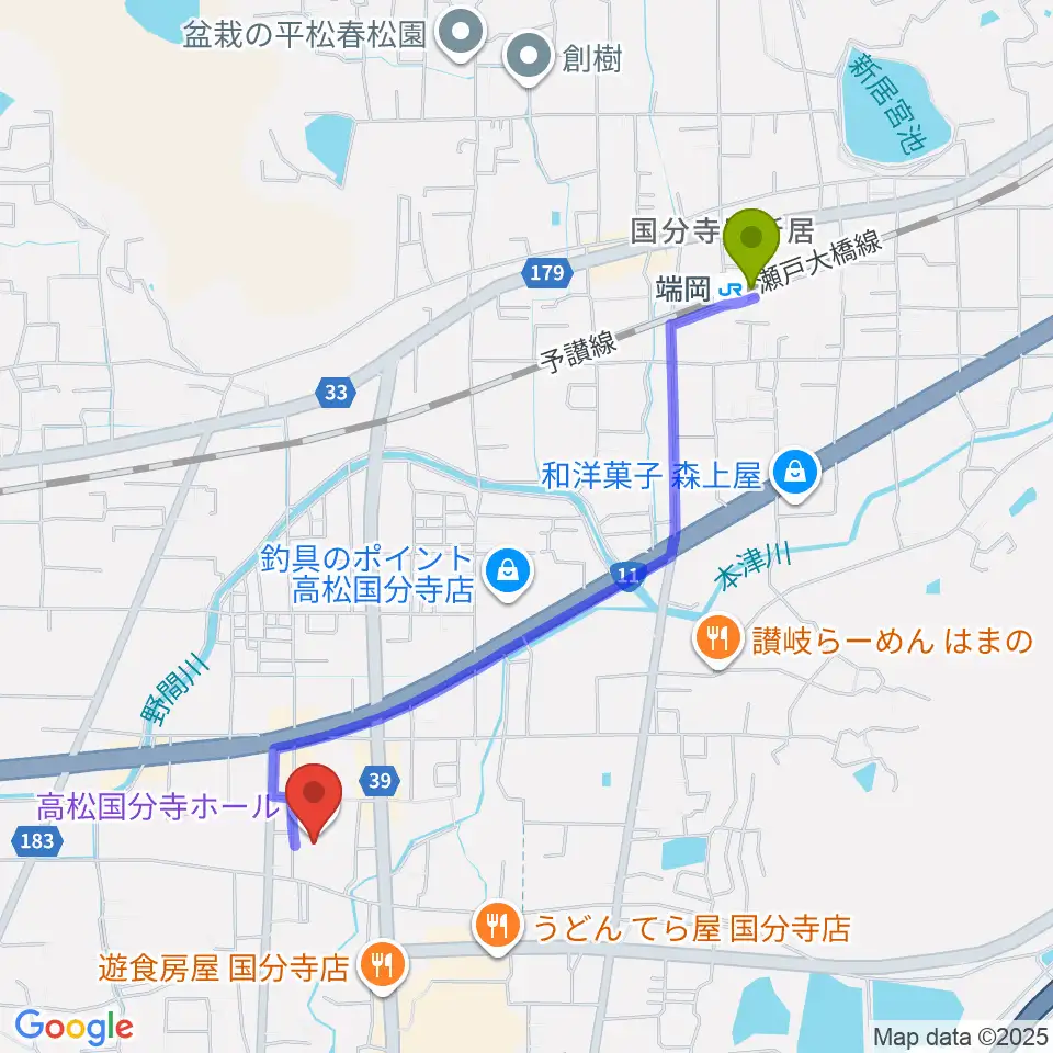 高松国分寺ホールの最寄駅端岡駅からの徒歩ルート（約21分）地図