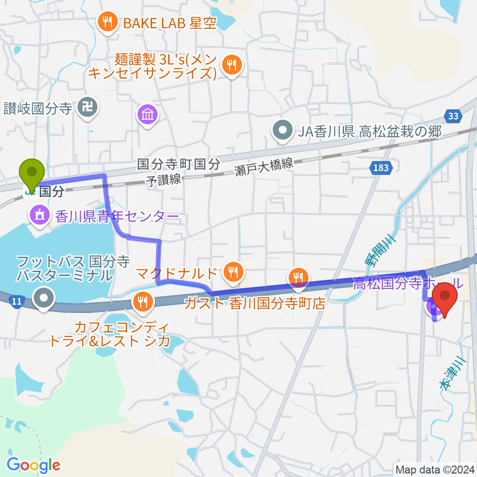 国分駅から高松国分寺ホールへのルートマップ地図