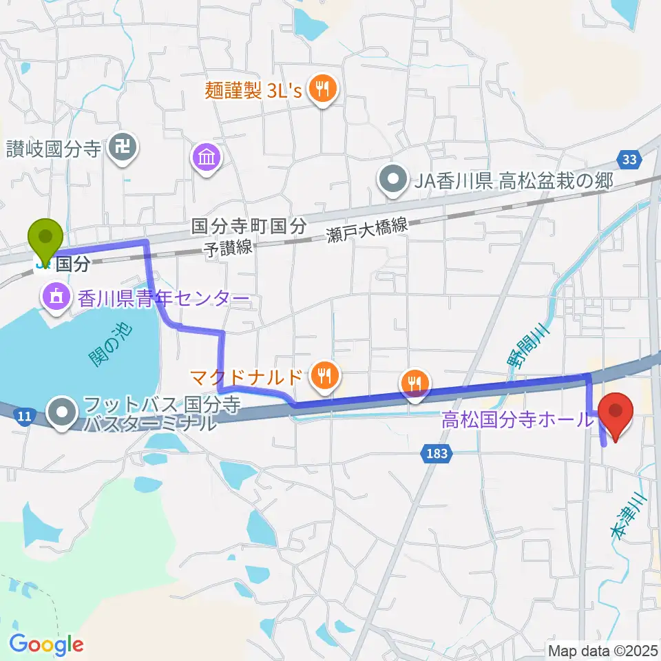 国分駅から高松国分寺ホールへのルートマップ地図