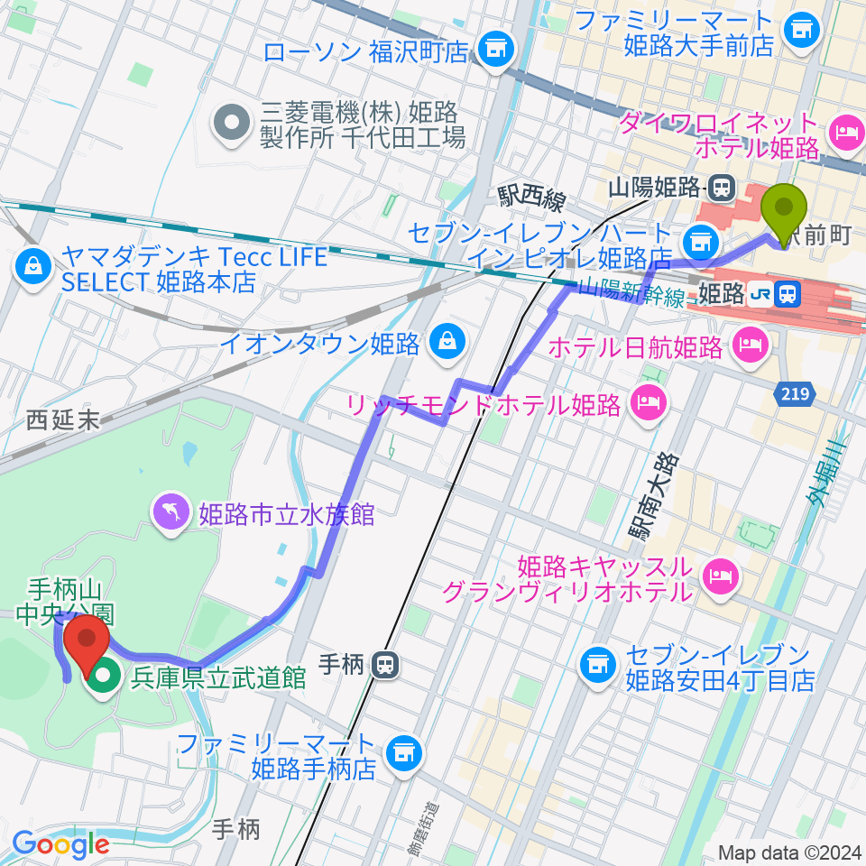 姫路駅から兵庫県立武道館へのルートマップ地図