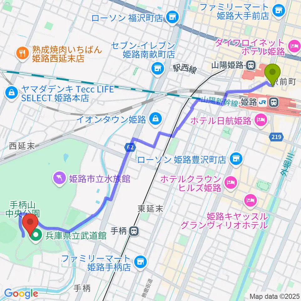 姫路駅から兵庫県立武道館へのルートマップ地図