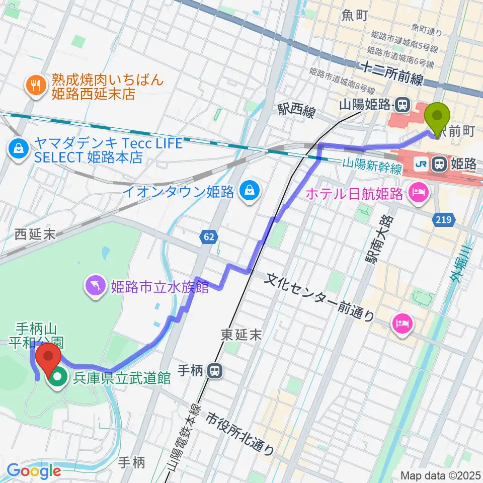 姫路駅から兵庫県立武道館へのルートマップ地図