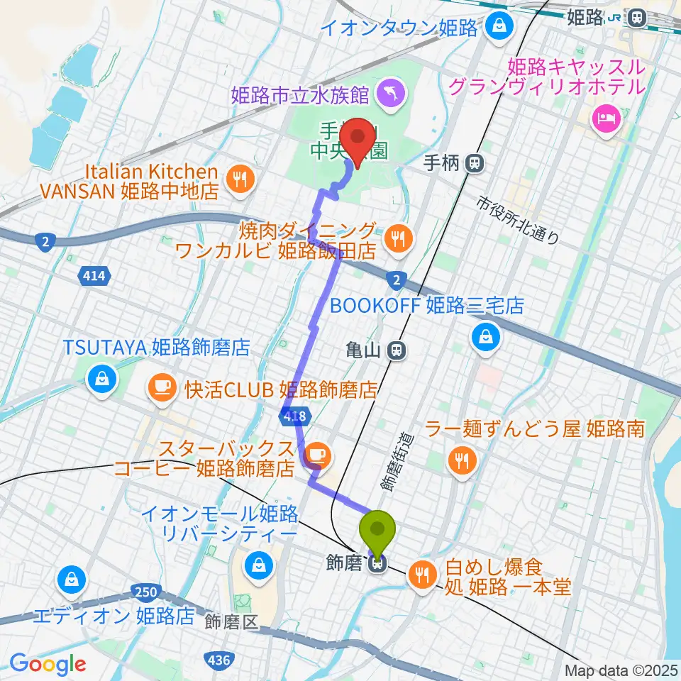 飾磨駅から兵庫県立武道館へのルートマップ地図