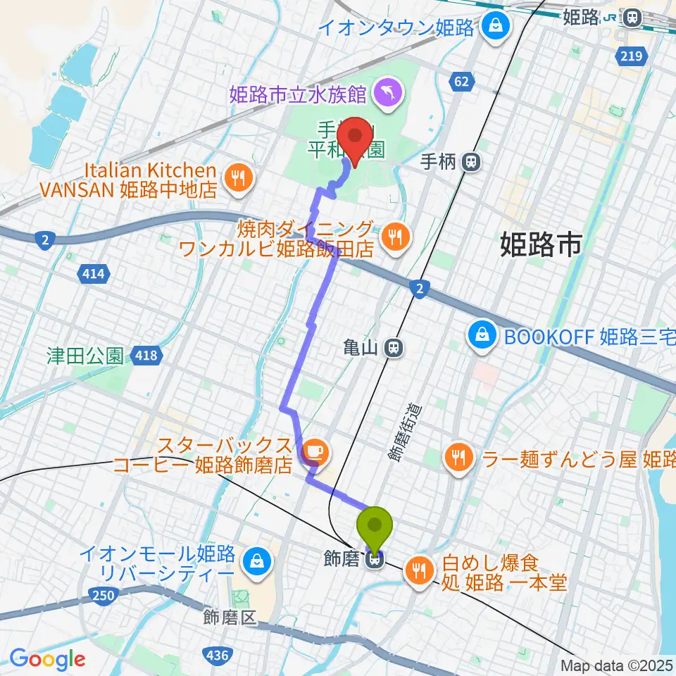 飾磨駅から兵庫県立武道館へのルートマップ地図