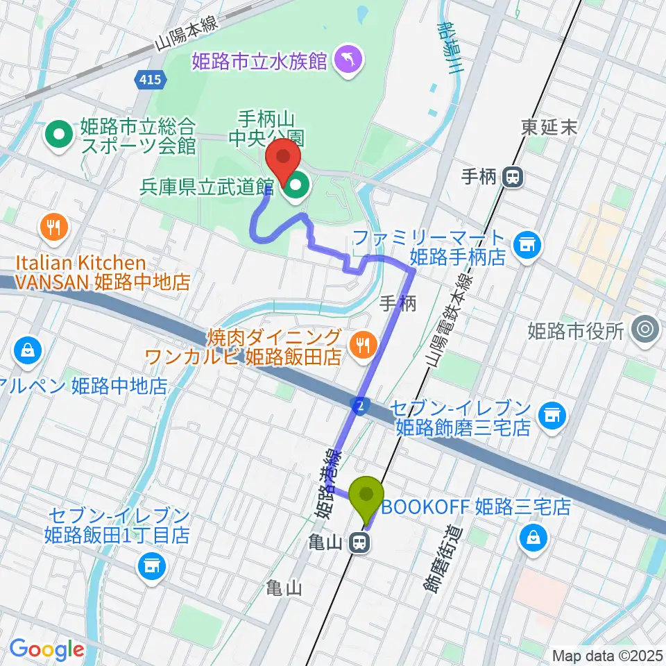 亀山駅から兵庫県立武道館へのルートマップ地図