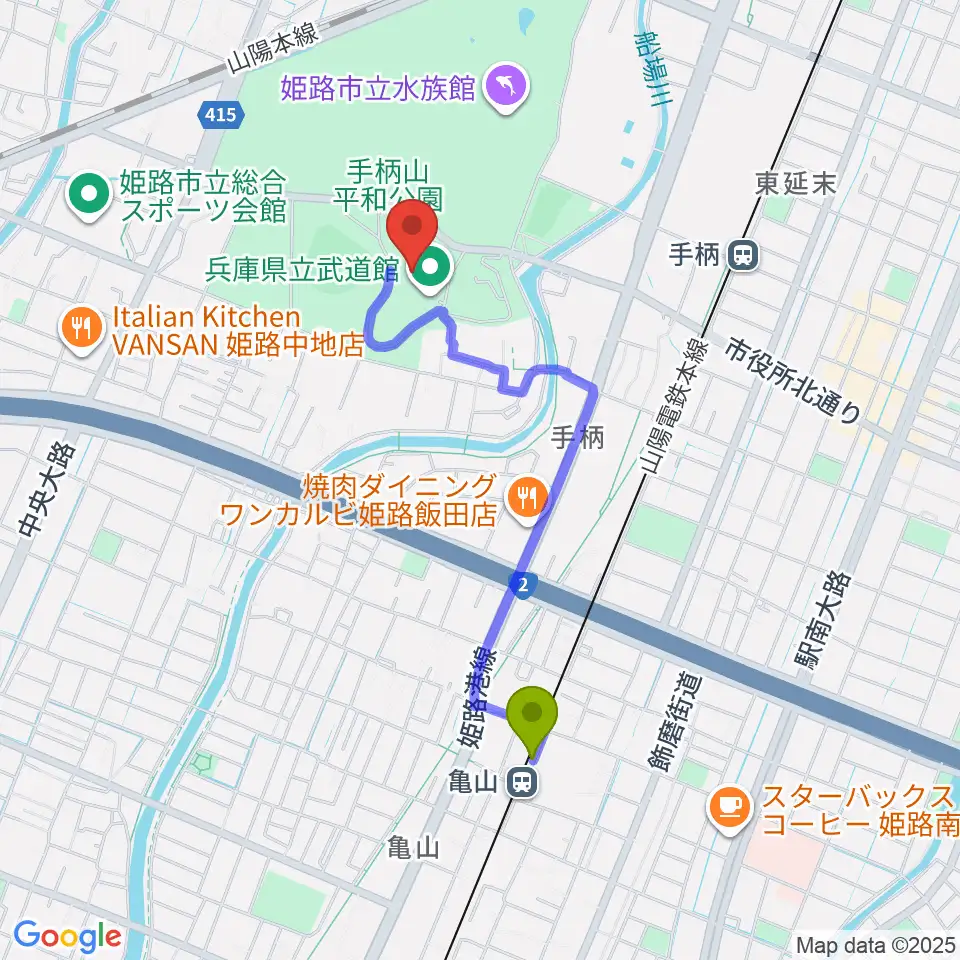 亀山駅から兵庫県立武道館へのルートマップ地図