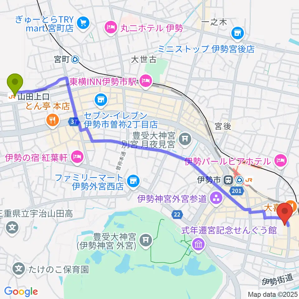 山田上口駅からシンフォニアテクノロジー響ホール伊勢へのルートマップ地図