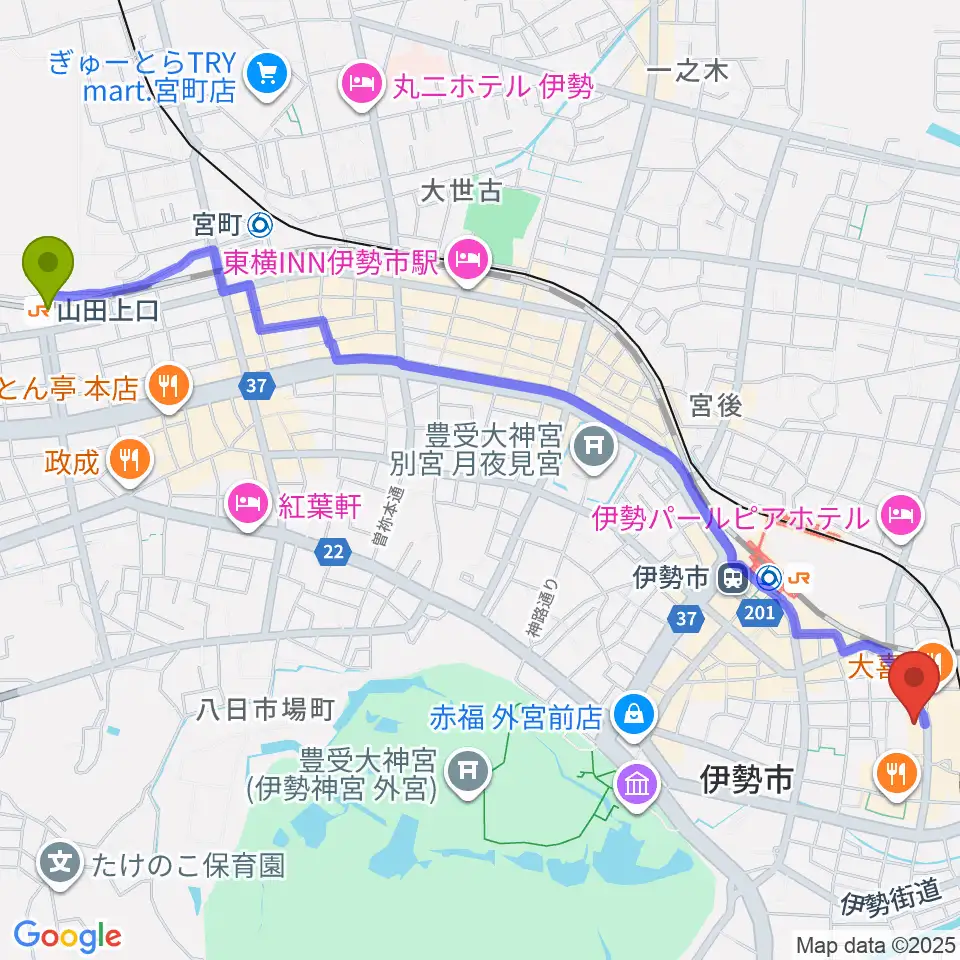 山田上口駅からシンフォニアテクノロジー響ホール伊勢へのルートマップ地図