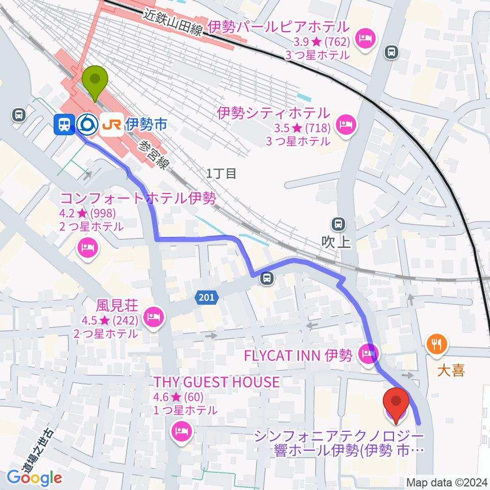 伊勢市駅からシンフォニアテクノロジー響ホール伊勢へのルートマップ地図