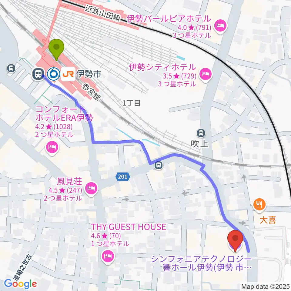 伊勢市駅からシンフォニアテクノロジー響ホール伊勢へのルートマップ地図