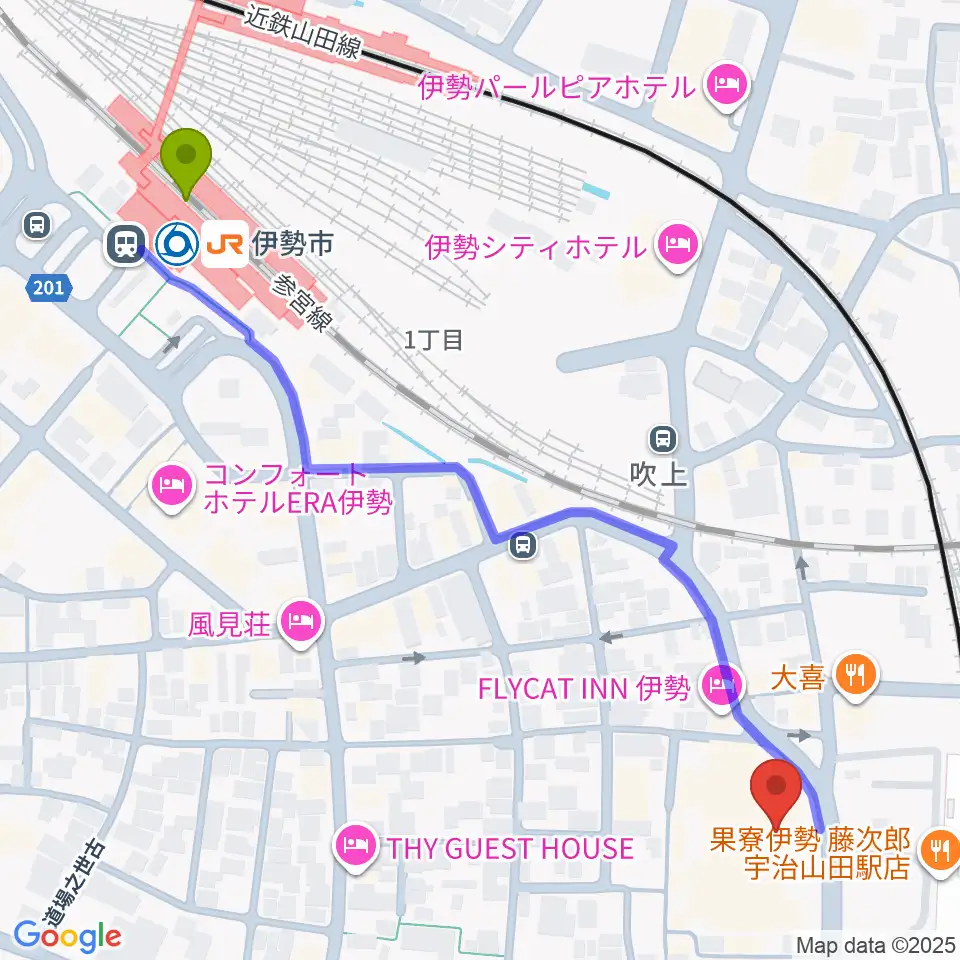 伊勢市駅からシンフォニアテクノロジー響ホール伊勢へのルートマップ地図