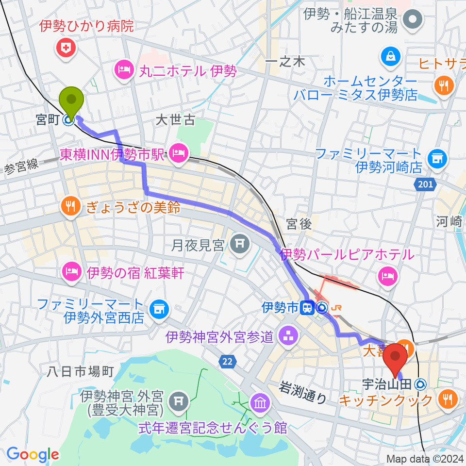 宮町駅からシンフォニアテクノロジー響ホール伊勢へのルートマップ地図