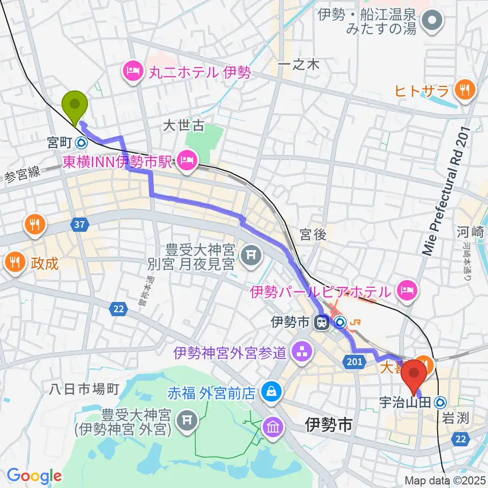 宮町駅からシンフォニアテクノロジー響ホール伊勢へのルートマップ地図