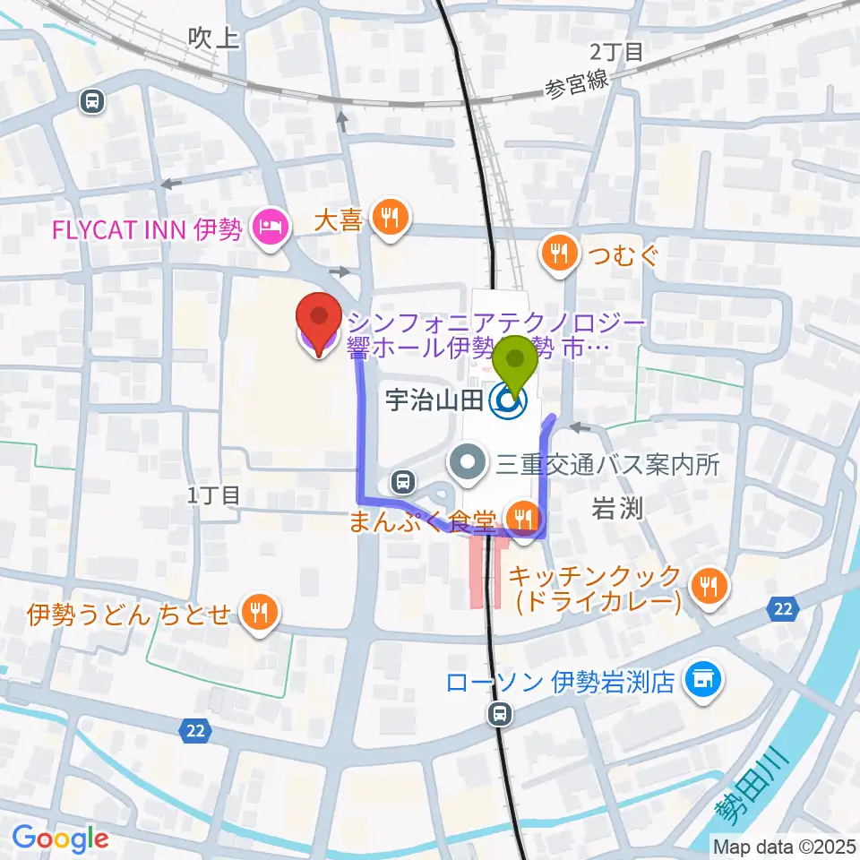 シンフォニアテクノロジー響ホール伊勢の最寄駅宇治山田駅からの徒歩ルート（約2分）地図