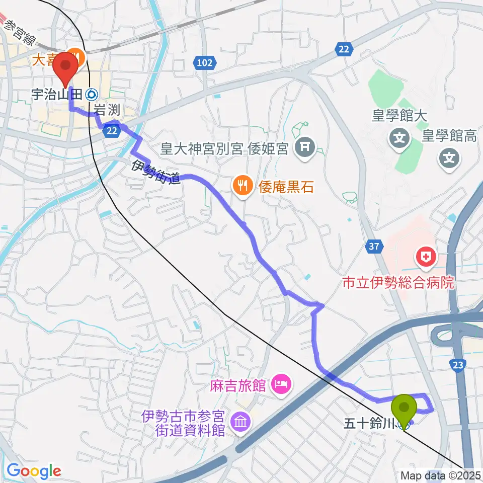 五十鈴川駅からシンフォニアテクノロジー響ホール伊勢へのルートマップ地図