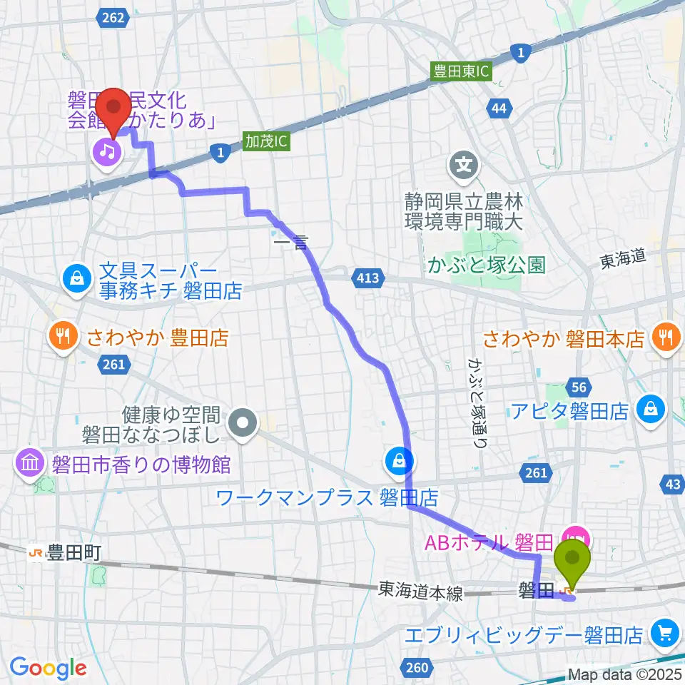 磐田駅からアミューズ豊田へのルートマップ地図