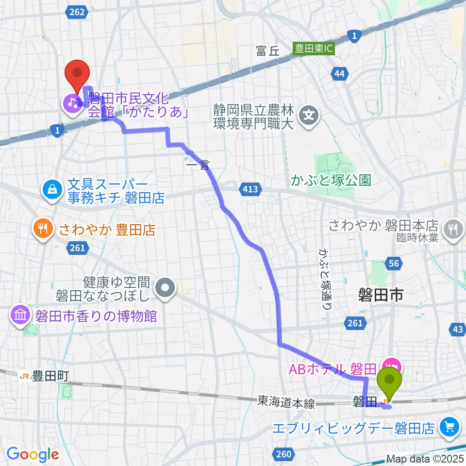 磐田駅からアミューズ豊田へのルートマップ地図