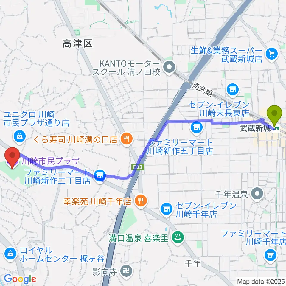 武蔵新城駅から川崎市民プラザへのルートマップ地図