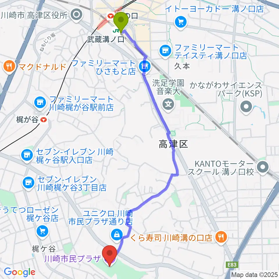 武蔵溝ノ口駅から川崎市民プラザへのルートマップ地図