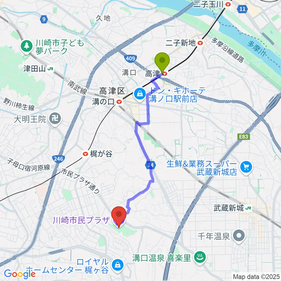 高津駅から川崎市民プラザへのルートマップ地図