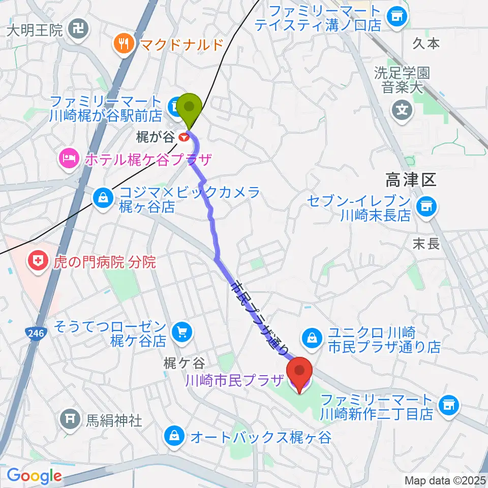 川崎市民プラザの最寄駅梶が谷駅からの徒歩ルート（約18分）地図