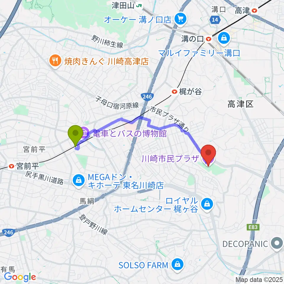 宮崎台駅から川崎市民プラザへのルートマップ地図