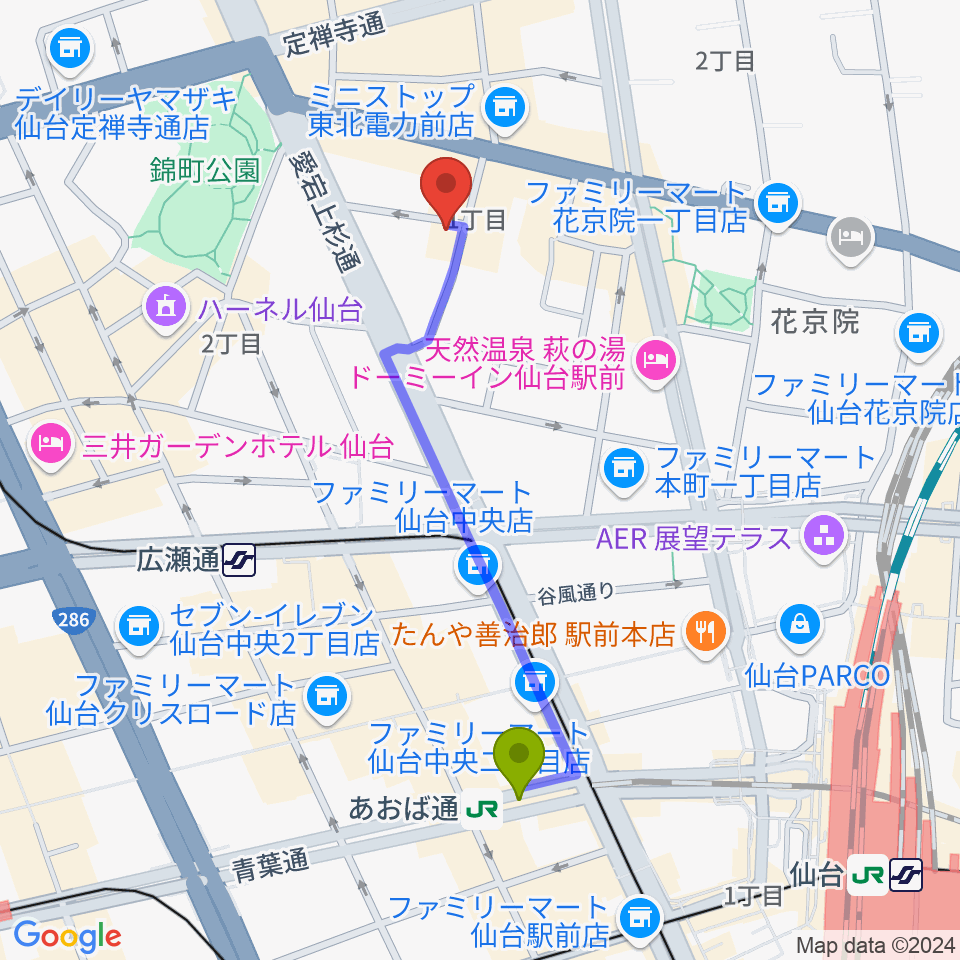 あおば通駅から仙台スペースゼロへのルートマップ地図