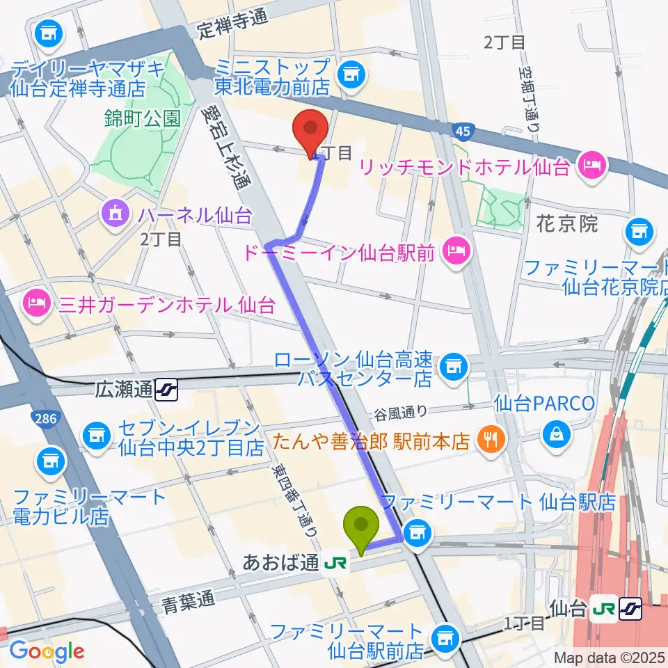 あおば通駅から仙台スペースゼロへのルートマップ地図