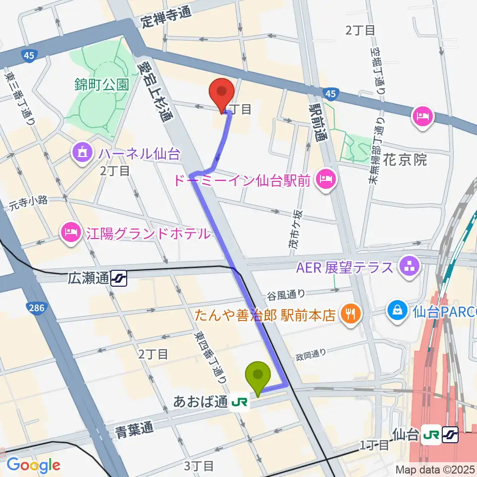 あおば通駅から仙台スペースゼロへのルートマップ地図