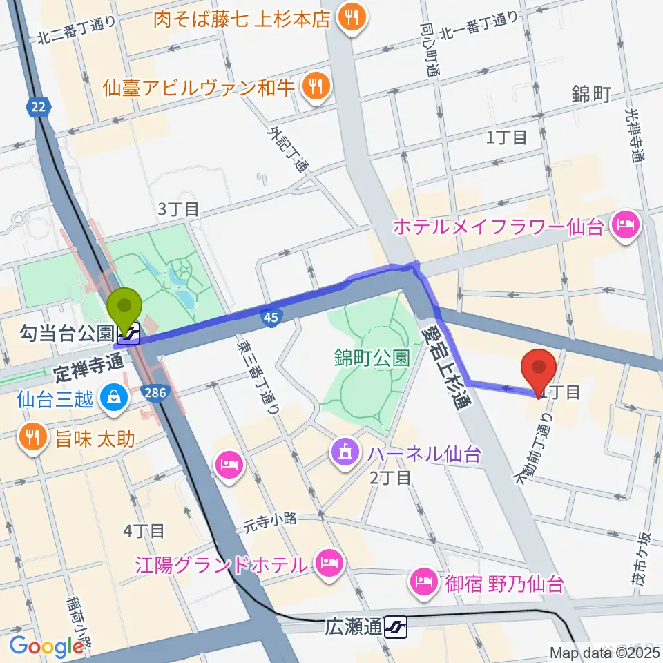 勾当台公園駅から仙台スペースゼロへのルートマップ地図