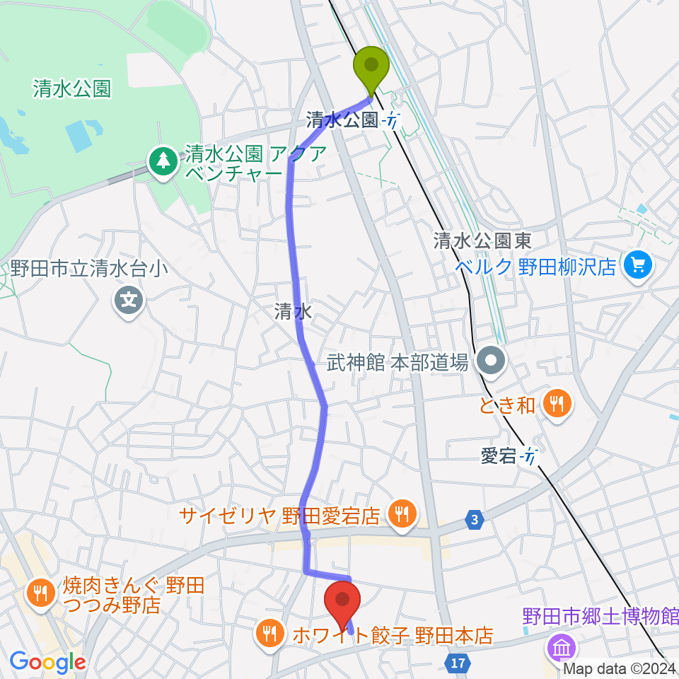 清水公園駅から欅のホールへのルートマップ地図